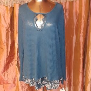 ** Democracy Ribbed Knit Layered Look Keyhole Top